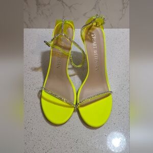 STUART WEITZMAN Nudistglam Embellished Stiletto Heel Yellow Satin Leather Sz 9.5
